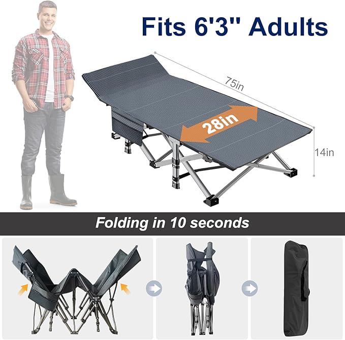 ABORON Camping Cot for Adult 28" Extra Wide, Heavy-Duty 1200D Oxford Cot for - Image 5
