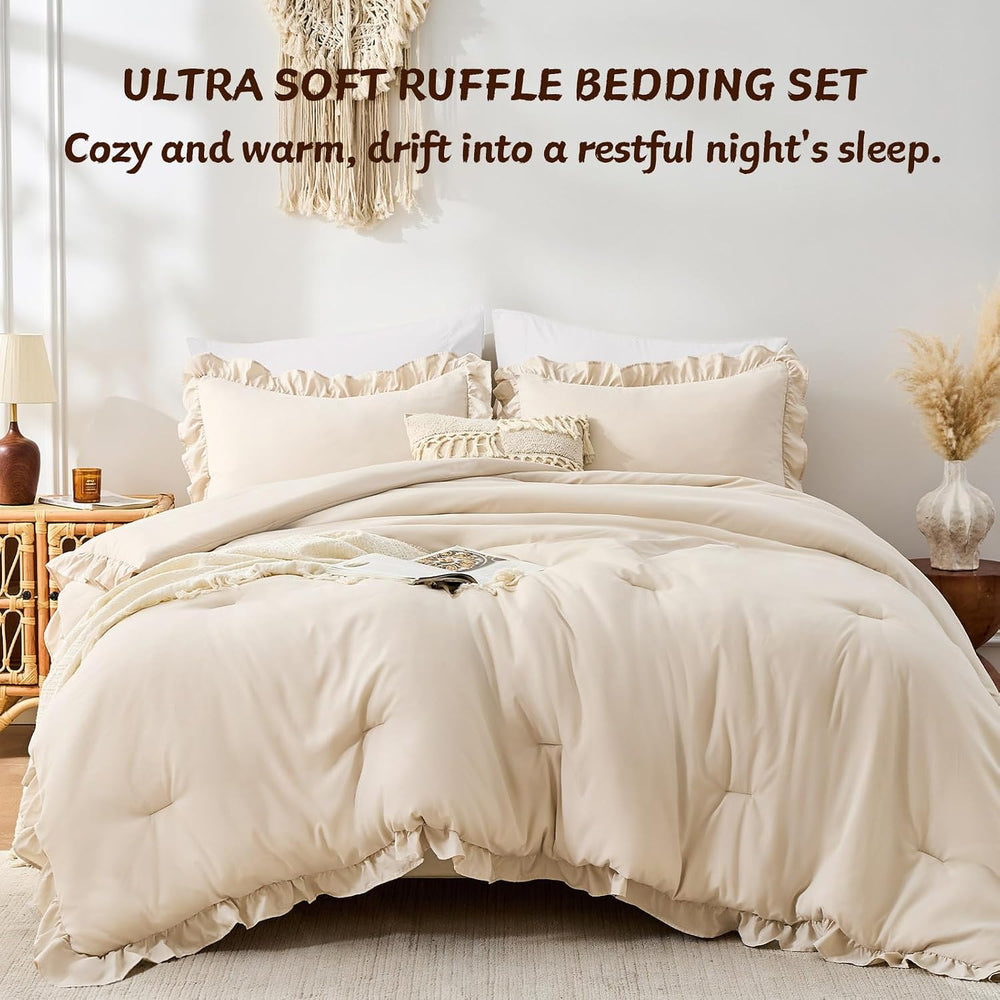 Queen Comforter Set Beige, 3 Piece Bedding Sets, Ruffle Bed in a Bag
