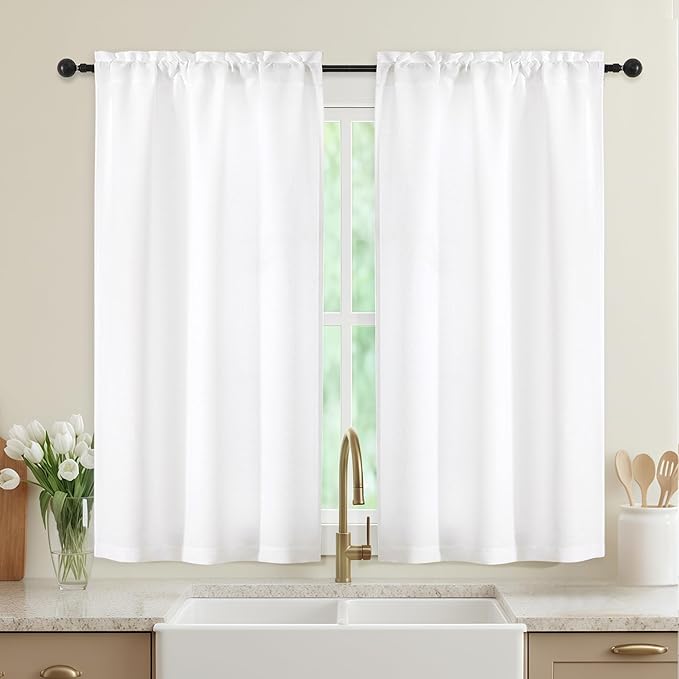 White Kitchen Curtains 45 Inch Length 2 Panels, Light Filtering Faux Linen by WelvetBLK