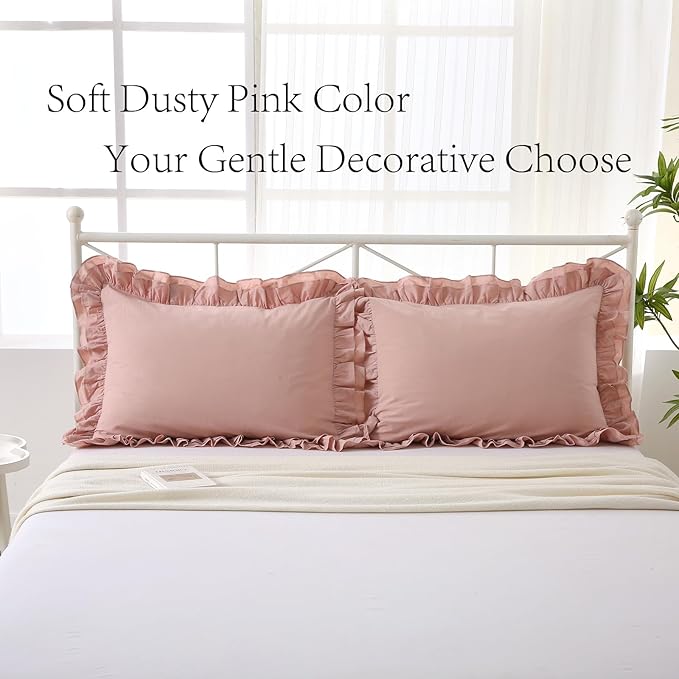 2 Pack Dust Pink Ruffle King Size Pillow Covers, 100% Washed Cotton Envelope - Image 2
