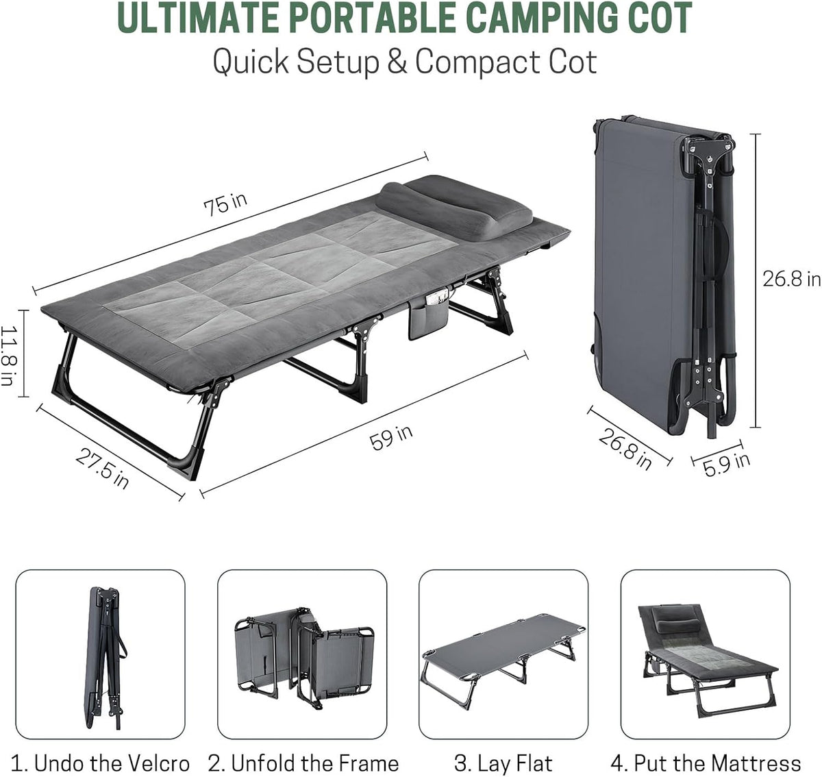 mopaicot camping cots for adults, camping lounge chair shown in use