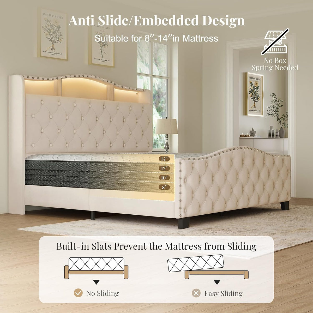 belffin platform bed frame with 50.9" led headboard showing dimensions