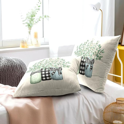 Eucalyptus Leaves Throw Pillow Covers Set of 2 Spring Green Botanical Plaid Jar - Image 6