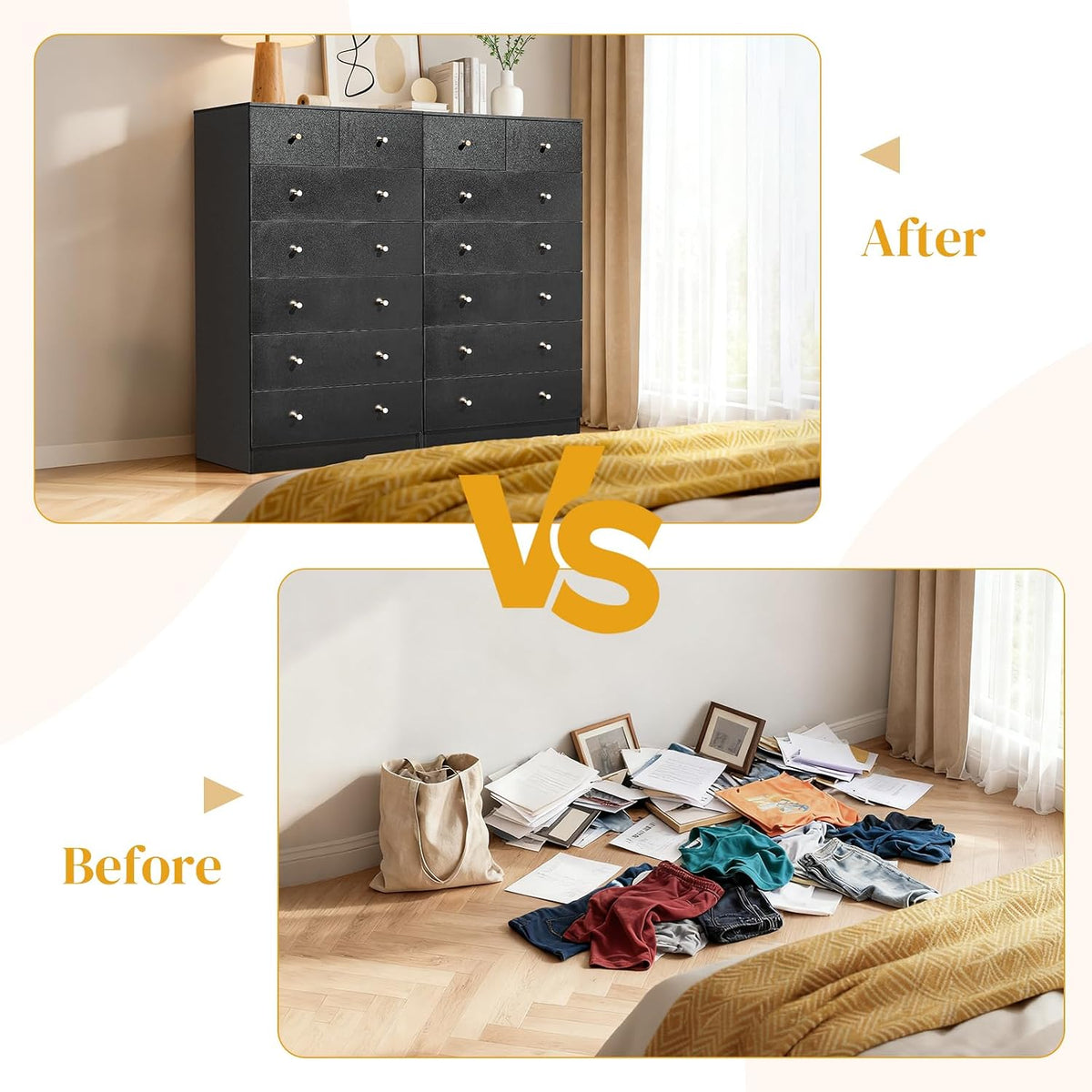 karl home black 7 drawer dresser, wood chest, front angle view
