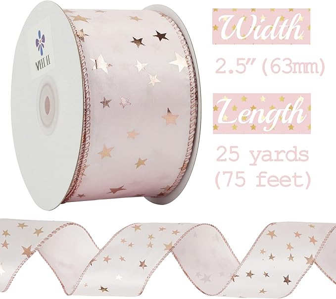 MEEDEE Pink Star Wired Ribbon 2.5 Inch Rose Gold Star Ribbon Wired 25 Yards - Image 2