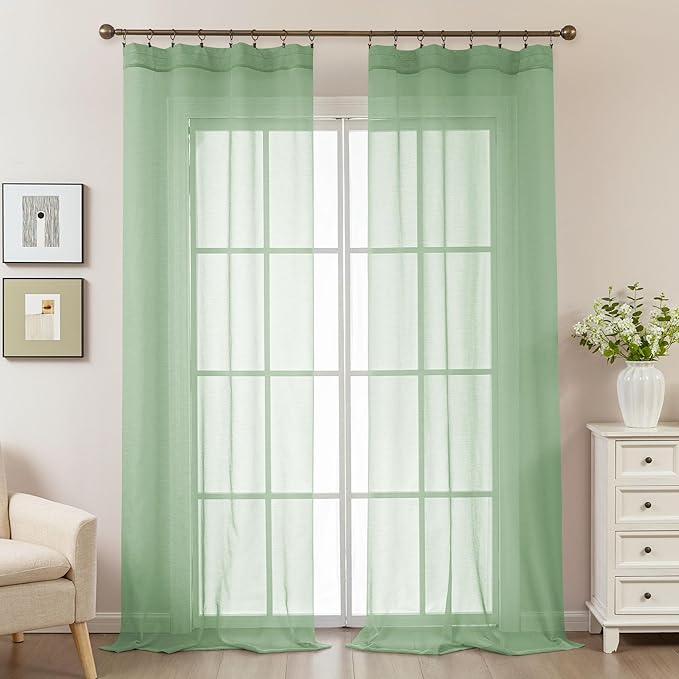 Sage Green Sheer Curtains 108 Inches Extra Long, Privacy Semi Sheer Curtains - Image 2