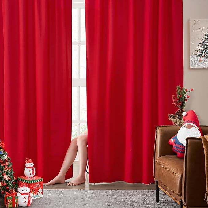 HOMEIDEAS Christmas Non-See-Through Red Privacy Semi Sheer Curtains 63 Inches by HOMEIDEAS