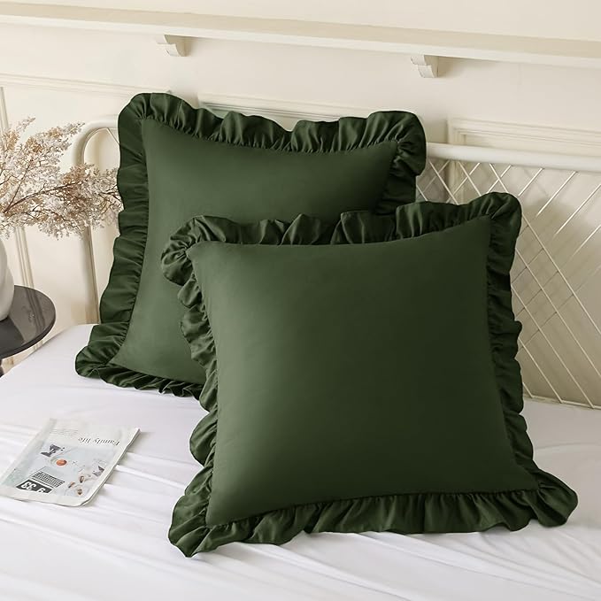 KKJIAF Ruffle Pillow Cases 18x18 Inches, Olive Green Square Ruffled Pillow by KKJIAF