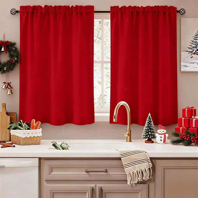 HOMEIDEAS Christmas Non-See-Through Red Privacy Sheer Kitchen Curtains 36 by HOMEIDEAS