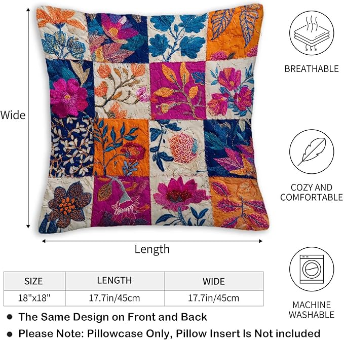 Throw Pillow Covers 18x18 Set of 2, Vintage Patchwork Cushion Covers, - Image 3