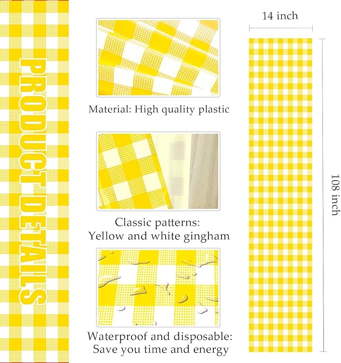 6 Pcs Yellow and White Checkered Table Runner Plastic 14 x 108 Disposable - Image 2