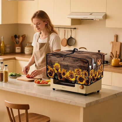 Microwave Oven Cover Vintage Sunflower Wood Grain Print Waterproof Toaster Oven - Image 3