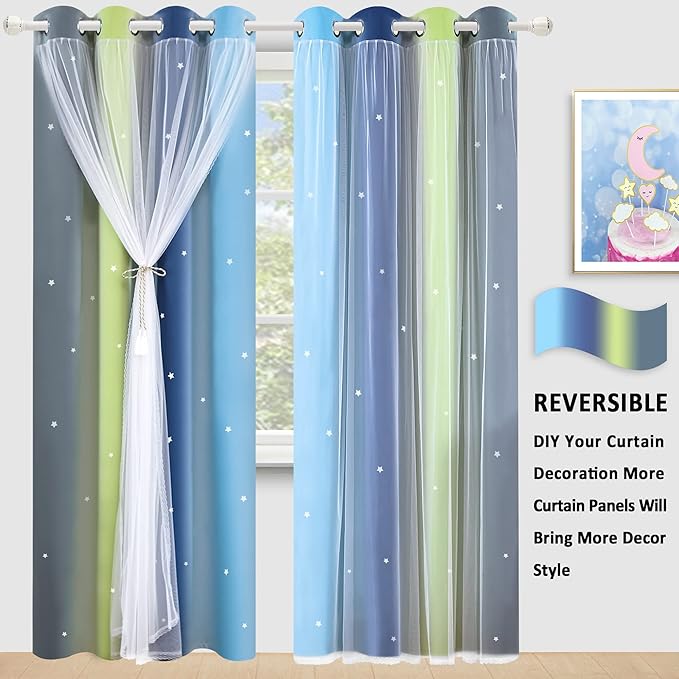 Kinryb Nursery/Kids/Girls Room Star Cut Out Blackout Rainbow Curtain - Image 7