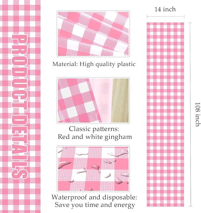 6 Pcs Hot Pink and White Checkered Table Runner Plastic 14 x 108 Disposable Hot - Image 2