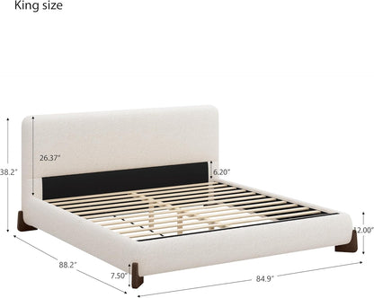 merax boucle king bed, upholstered bed frame and shown in use