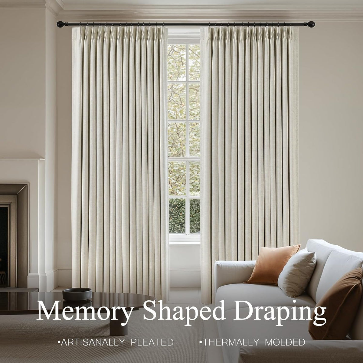 pinch pleated linen curtains 100% blackout 95 inches, close-up detail