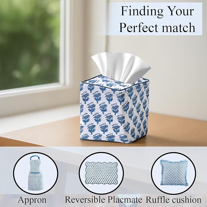 CPC Apatite Blue Hand Block Printed Cotton Tissue Box Cover 5" x 5" x 5.5" - Image 4