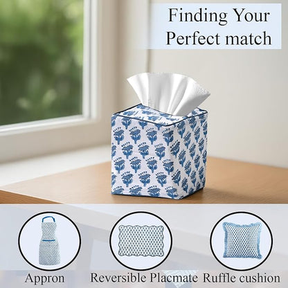 CPC Apatite Blue Hand Block Printed Cotton Tissue Box Cover 5" x 5" x 5.5" - Image 4