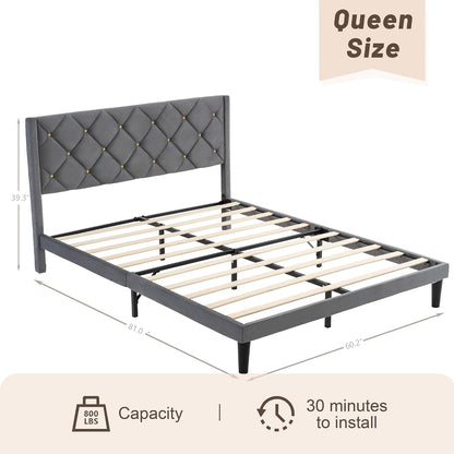 queen size platform bed frame with velvet headboard shown in use