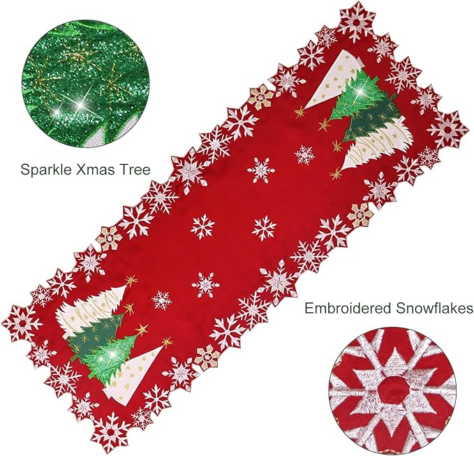 Christmas Tree Table Runner Embroidered Xmas Red White Snowflakes Runners Snow - Image 3