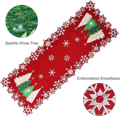 Christmas Tree Table Runner Embroidered Xmas Red White Snowflakes Runners Snow - Image 3