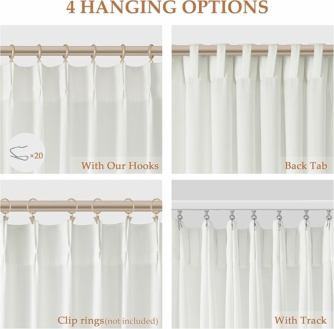 Ivory White Pinch Pleat Linen Curtains 120 Inch Length 2 Panels Set - Image 2