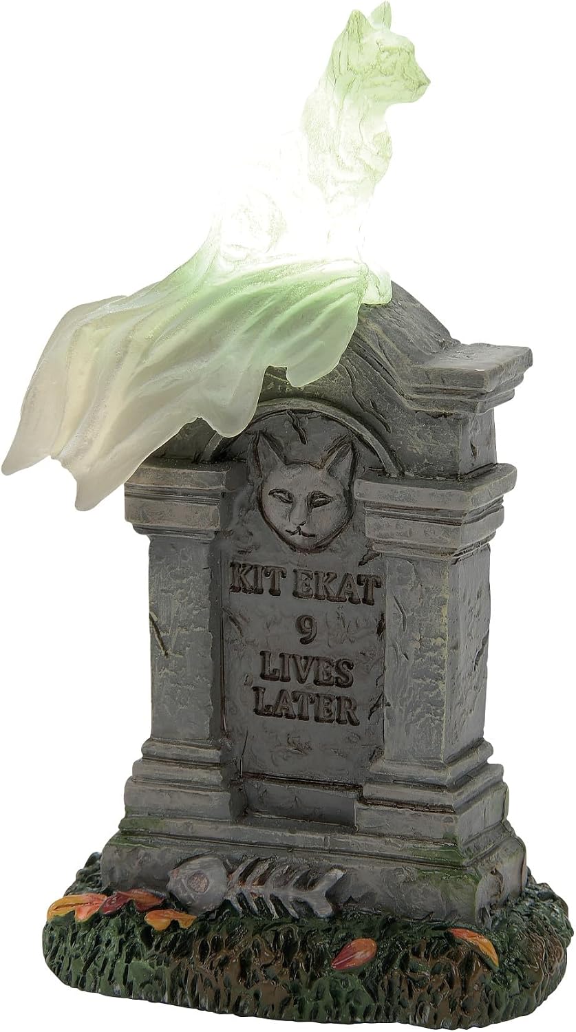 Department 56 Village Collection Accessories Halloween Kit E. Kat Cat Ghost on Tombstone Lit Figurine, 3.8 Inch, Multicolor