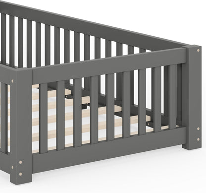 twin size montessori floor bed with door, slats on a desk or shelf