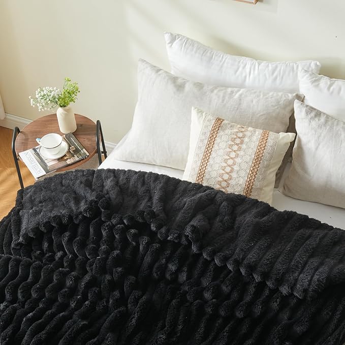 NEWCOSPLAY Super Soft King Blanket Black Premium Silky Flannel Fleece 3D Ribbed - Image 9