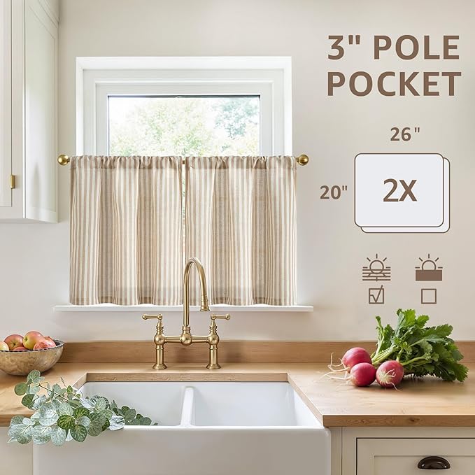 jinchan Striped Linen Kitchen Curtains 20 Inches Length Tier Curtains Farmhouse - Image 5