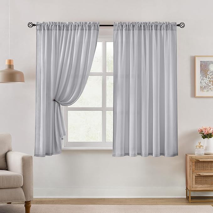 HOMEIDEAS Non-See-Through Light Grey Privacy Semi Sheer Curtains 63 Inches Long - Image 2