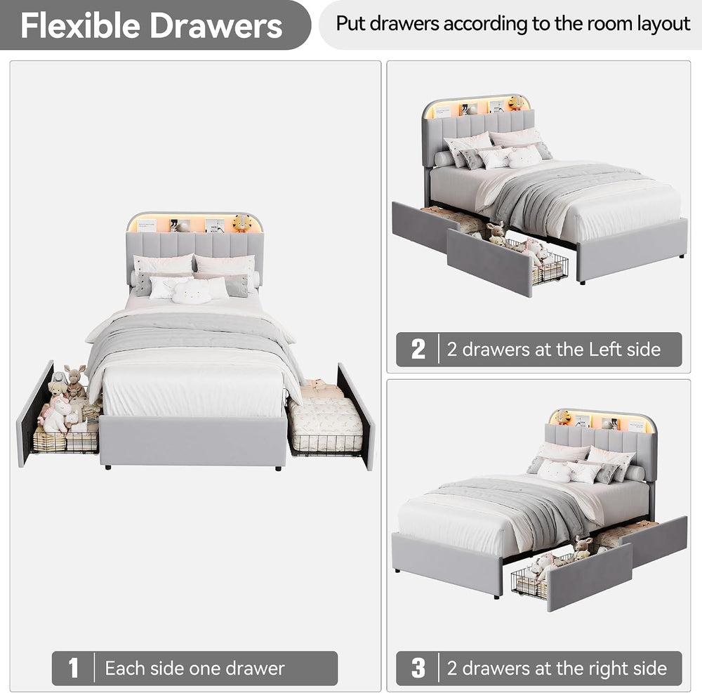 GarveeHome TwinXL Bed Frame, Platform Bed with Storage Headboard & Drawers