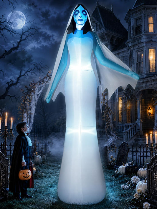 zukakii 12FT Giant Halloween Inflatables Ghost Bride with Built-in Whole-Body Blue LEDs, Spooky Halloween Decorations Outdoor Huge Blow Up Yard Decoration Creepy Blowups Large for Holiday & Party