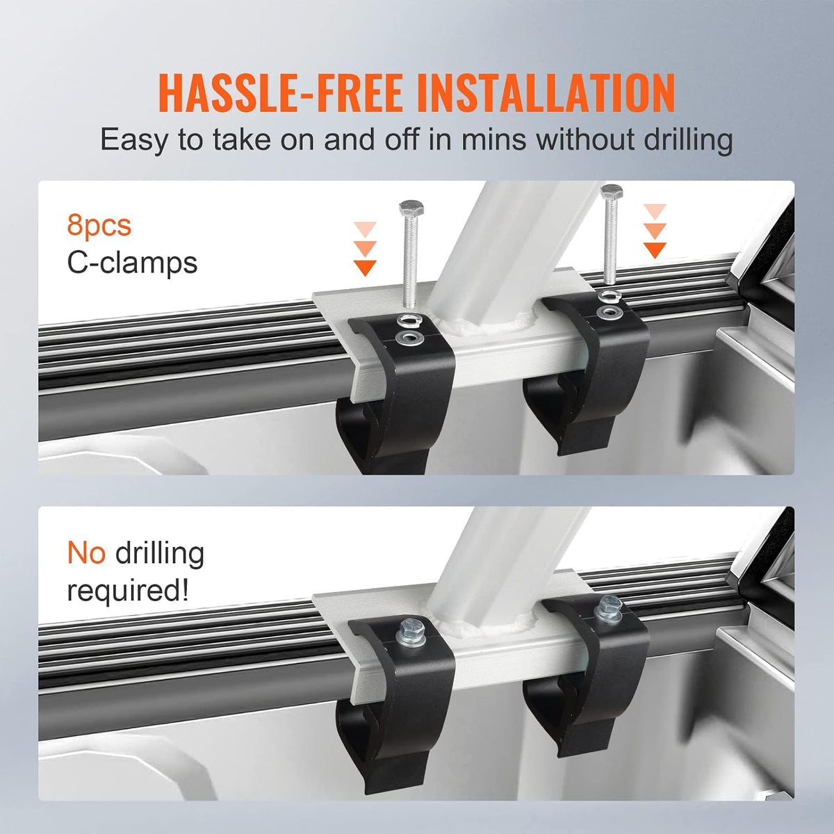 vevor truck rack with 8 non-drilling c-clamps, 19-34in showing dimensions