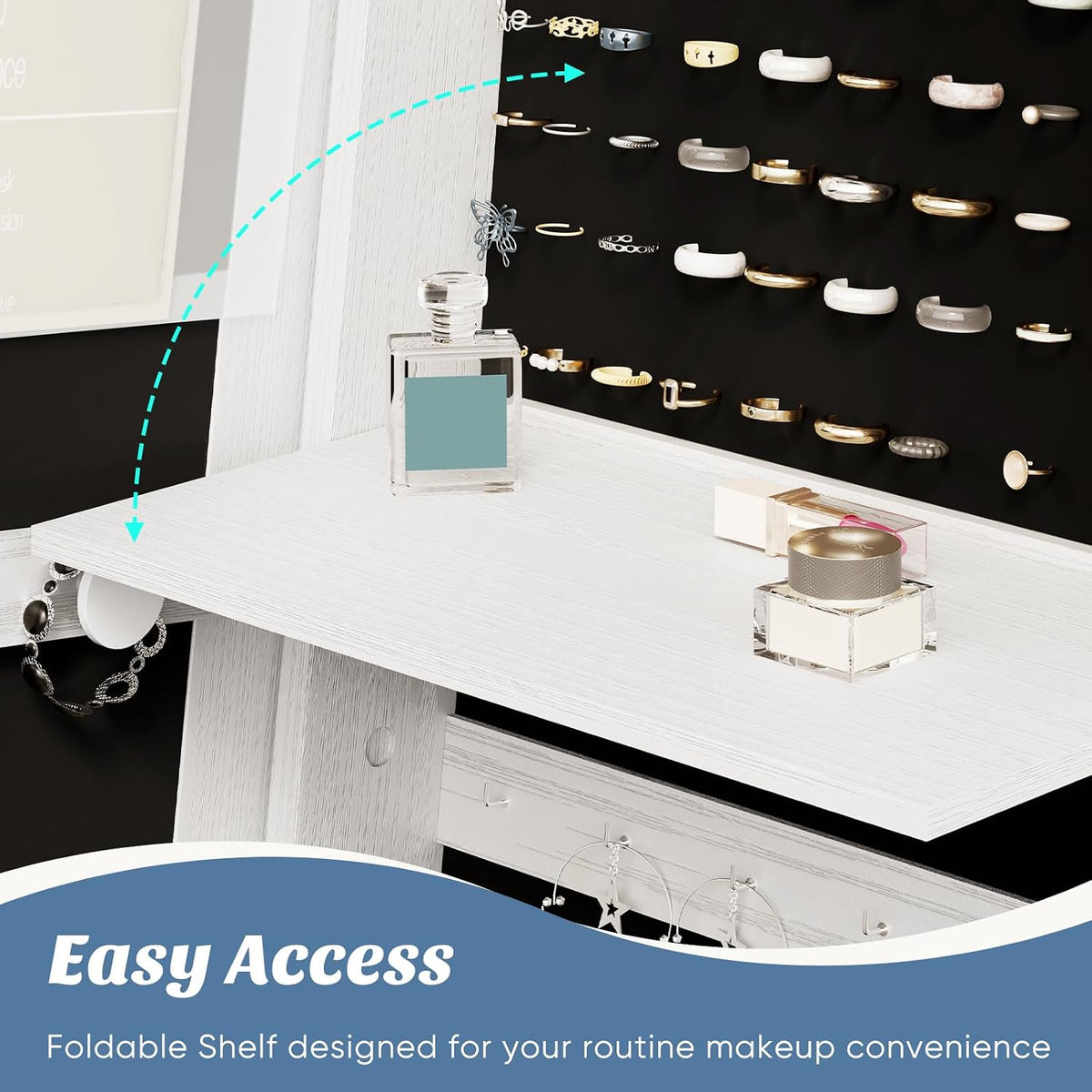 olixis 360° swivel jewelry cabinet with light, lockable, front angle view