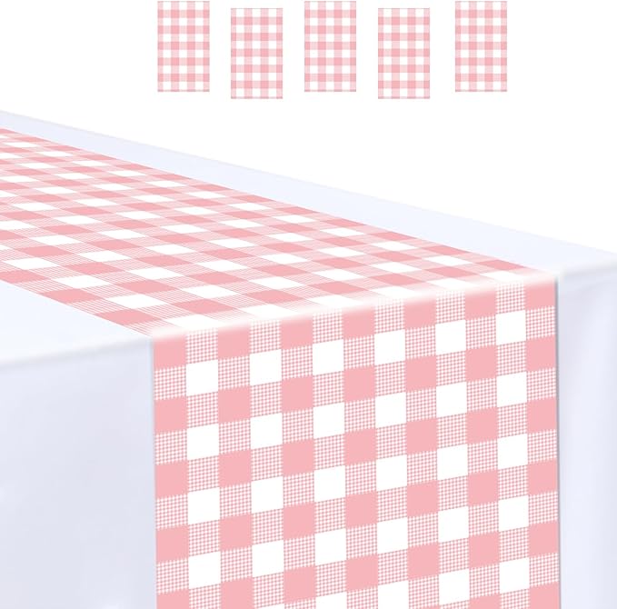 6 Pcs Light Pink and White Checkered Table Runner Plastic 14 x 108 Disposable by MUNILAIL