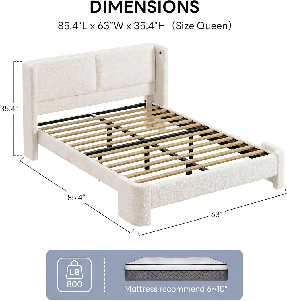LIKIMIO Queen Bed Frame with USB Ports & Wingback Headboard, Cream White