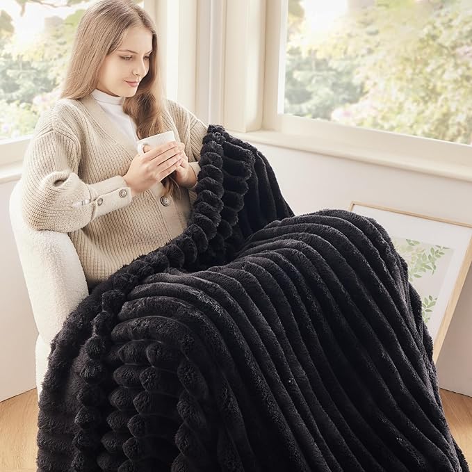 NEWCOSPLAY Super Soft Twin Blanket Black Premium Silky Flannel Fleece 3D Ribbed - Image 2