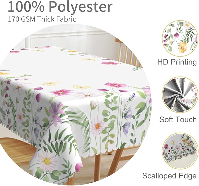 70x140inches Floral Rectangle Tablecloth Pink Wild Flowers Butterfly Botanical - Image 3