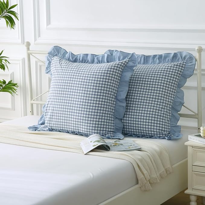 Dusty Blue Plaid Ruffle Throw Pillow Covers - Image 2