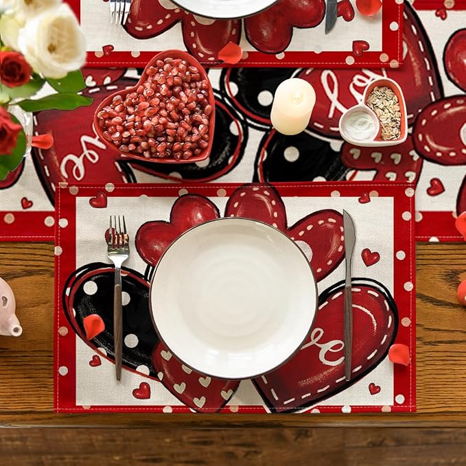 Artoid Mode Red Dot Heart Love Valentine Placemats Set of 4, 12x18 Inch Wedding - Image 2