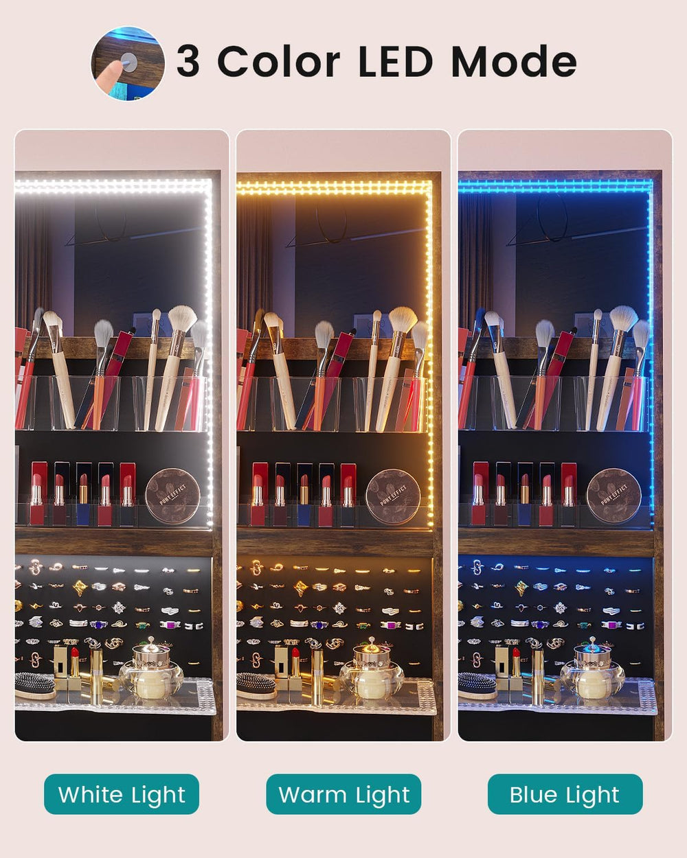 HWB 360° Swivel Mirror Jewelry Cabinet, 3 LED Lights, Lockable, Brown