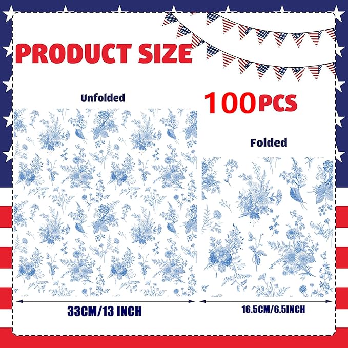 100 Pack Blue Floral Cocktail Napkins Blue and White Floral Toile Paper Napkins - Image 3