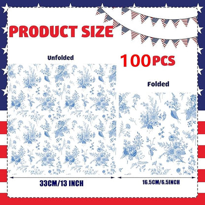 100 Pack Blue Floral Cocktail Napkins Blue and White Floral Toile Paper Napkins - Image 3