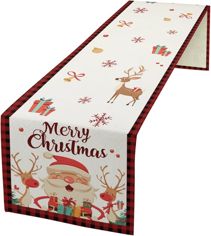 Merry Christmas Table Runner, Santa Claus Elk Snowflake Linen Table Runner by Hliyty