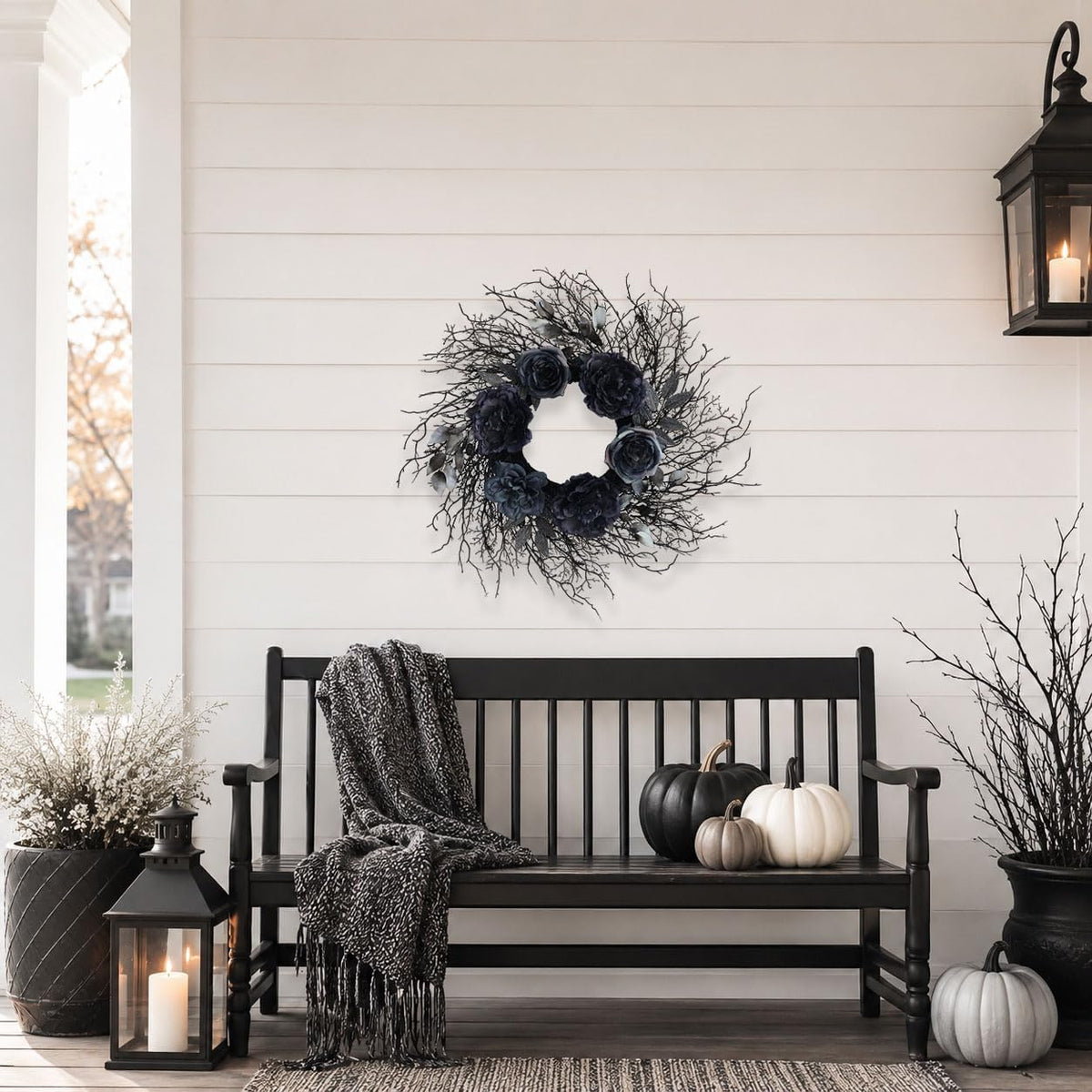 22 Inch Pre-Lit Black Twig Halloween Wreath for Front Door