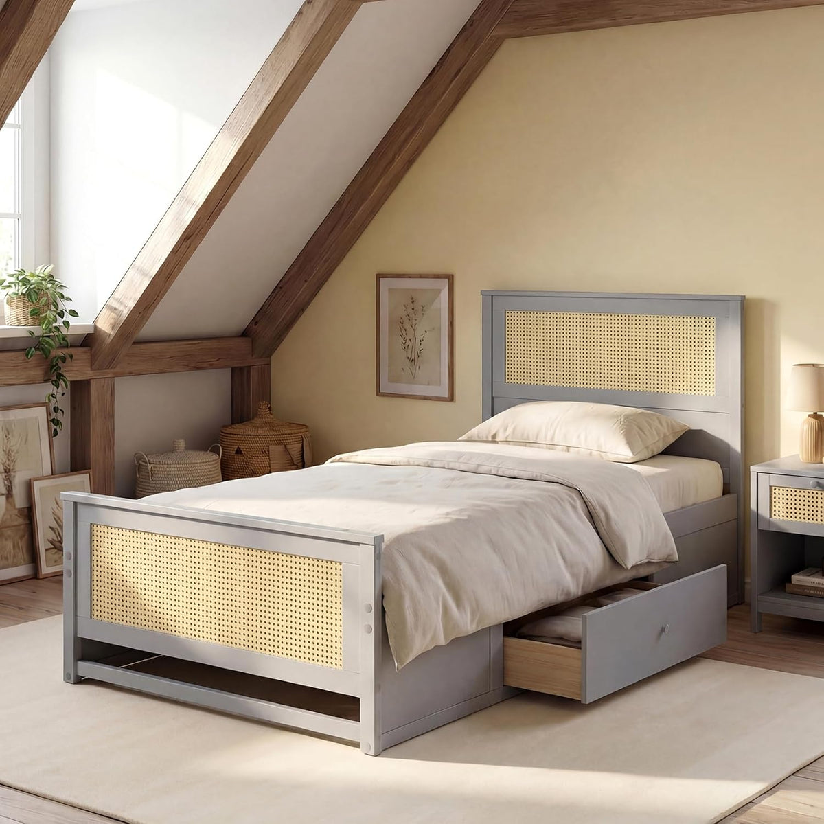 komfott twin rattan bed frame with 2 storage, close-up detail