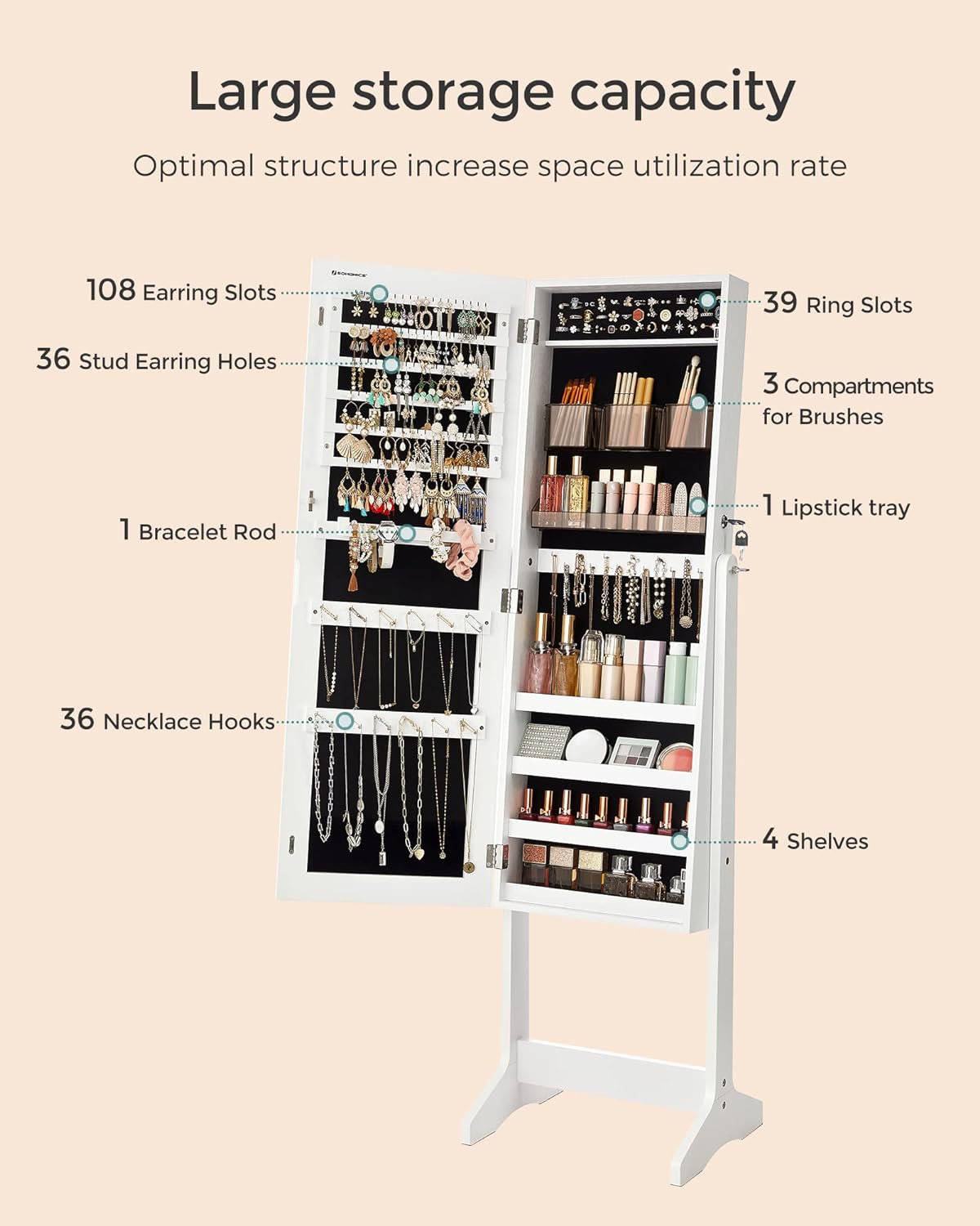 songmics led jewelry cabinet standing, lockable armoire, side view