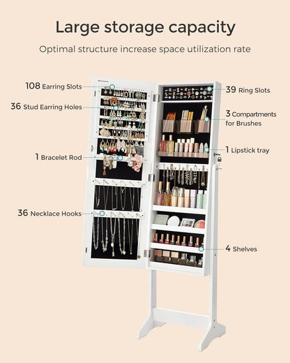 songmics led jewelry cabinet standing, lockable armoire, side view