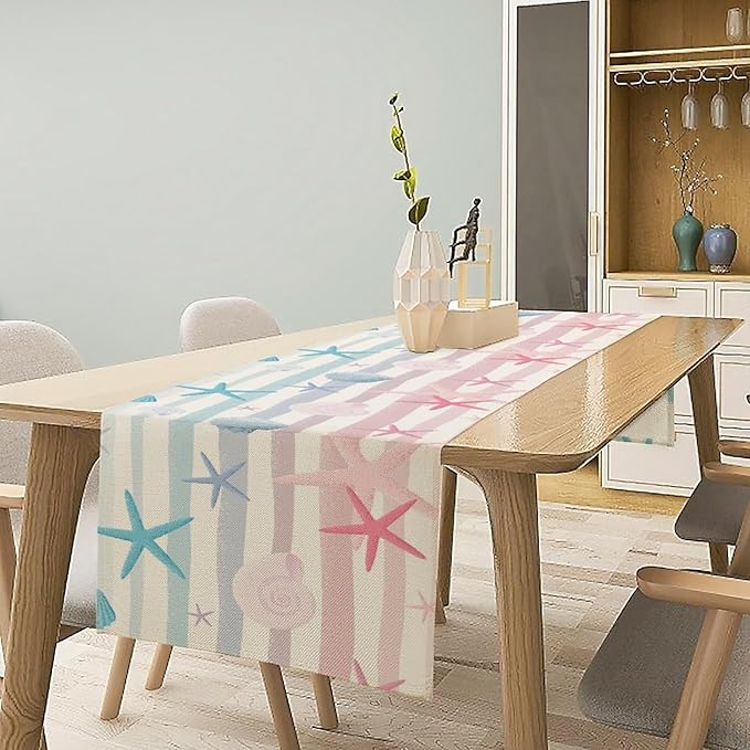 Coastal Starfish Kitchen Table Runner, Colorful Watercolor Blue and Pink Stripe - Image 7